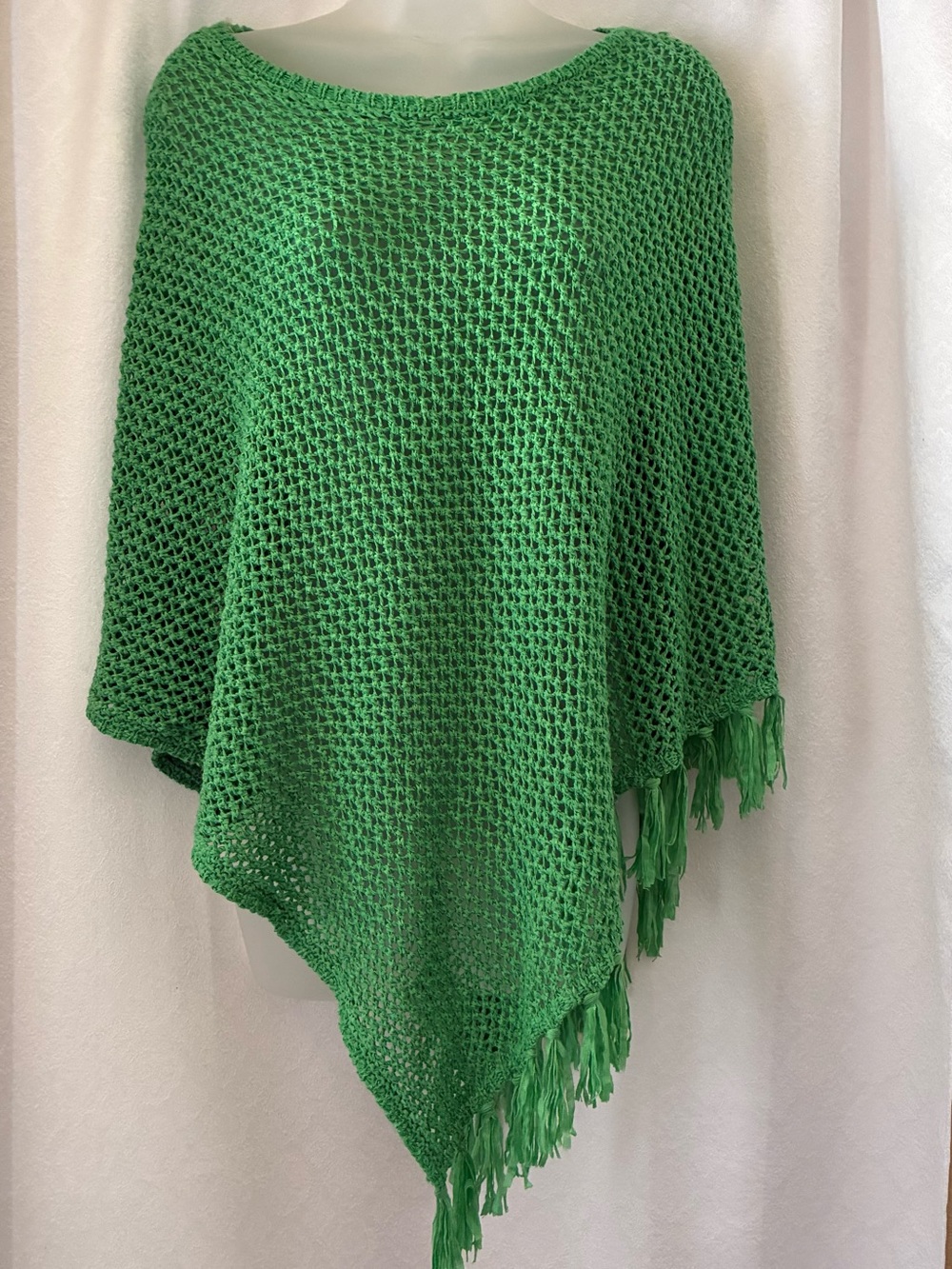 Chico's Bright Green Crochet Open-Knit Poncho with Fringe